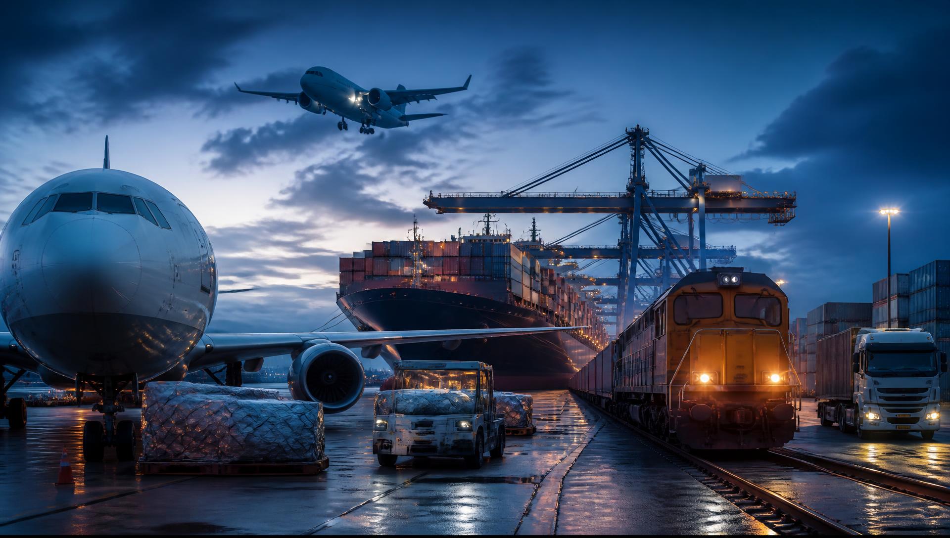 Cargo aircraft, container ship, freight train and trucks at a logistics hub