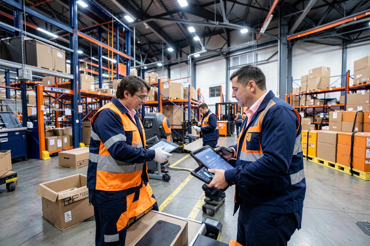 Logistics coordinators reviewing shipment details in a distribution centre